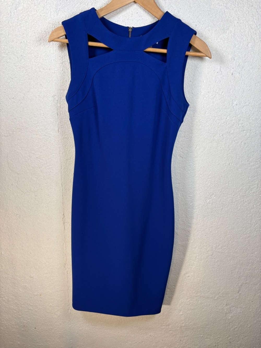 Calvin Klein Midi Sheath Dress Cut-Out Neckline Blue Sz 2 Office Siren Cocktail